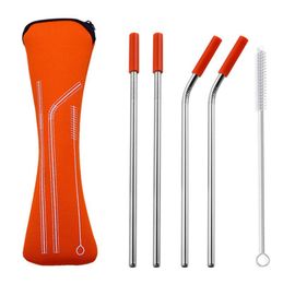 Drinking Straws Reusable Stainless Steel Drink Straight Bent With Silicone Tips For Cold Beverage Bar Accessories