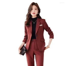 Women's Two Piece Pants Novelty Red Professional Formal Women Business Suits Long Sleeve Autumn Winter Uniform Designs Pantsuits Female