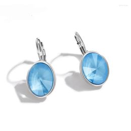 Backs Earrings Fashion Blue Austrian Crystals Round Circle Clip For Women Girls Simple Geometric Rhinestone Female Gifts