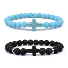 Strand Kirykle Jesus Cross Charm Blue Turquoises Men Bracelet Black Lava Stone 8mm White Beads Bracelets Bangles For Women Yoga Jewelry