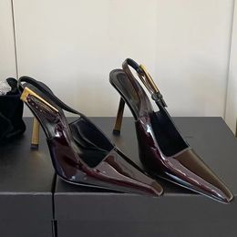 Fashion luxury ladies sandals black patent leather Roman high heels ladies unique letter dress wedding sexy shoes size 35-40