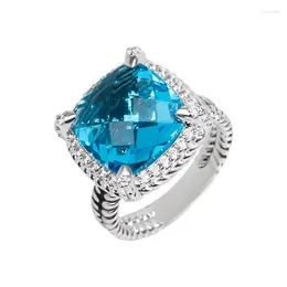 Cluster Rings JADE ANGEL 14mm Blue Radiant Cut Cubic Zirconia Ring For Women Banquet Party Trendy Twsit Cable Designer Personalised