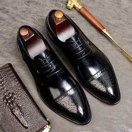 Dress Shoes Men's Business Real Leather Fashion Wedding Oxford Lace-up Pointed Black Bloggs