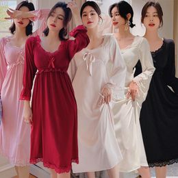 Women's Sleepwear 2023 Spring Autumn Long Sleeve Silk Satin Sexy Lace V-neck Lingerie Nightgowns For Women Night Dress Nightdress Nighty