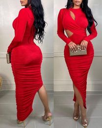 Casual Dresses Spring Women's Dress Fashion Cutout Split He Ruched Bodycon Sexy Hollow Out Pleated Party Vestidos