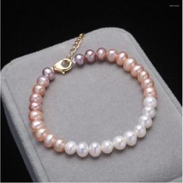 Bangle Handmade Strands Natural 6-7mm White Pink Purple Freshwater Pearl Nearly Round Bracelet 20cm For Women Fashion Jewelry