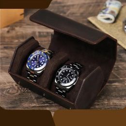 Watch Boxes Luxury Anti-fall Protective Case Retro Crazy Horse Leather Storage Box Can Hold 2 Watches Travel Jewellery Gift