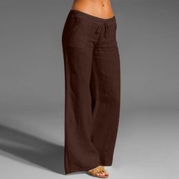 Women's Pants & Capris Cotton Linen Elastic Waist Women Drawstring Long Wide Leg Casual Loose Solid Colour Pockets Summer Pantalones De Mujer