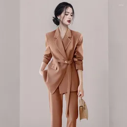 Women's Two Piece Pants Autumn Winter Office Ladies 2 Trouser Set Women Notched Collar Belt Lace Up Loose Blazer Coat Work Pencil Suit