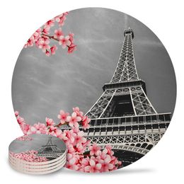 Table Mats & Pads Cherry Blossom Paris Tower Ceramic Coasters Waterproof Tea Cup Mat Christmas Home Decor For Glasses