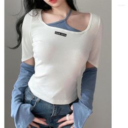 Women's T Shirts Asymmetrical Patchwork Halter Neck Spring T-shirts For Women Korean Casual Crop Tops Cut Out Shirt Contrast Colour