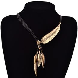Womens Fashion Stainless Steel Feather Tree Leaf Pendant Necklace Multilayer Clavicle Chain Sweater Chain Jewelry Accessories