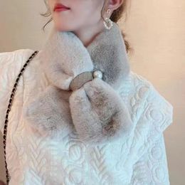 Scarves Cute Plush Cross Scarf Solid Color Neck Collar Double Sided Thicken Warm Shawl Pearl Leather Neckerchief Sweet