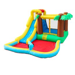 The Courtyard Playhouse Uppblåsbart vatten Bounce House med Flower Ball Blow Up Pool Slide Small Outdoor Park Hawaiian Coconut Tree Theme Tema för Kids Party Backyard Play