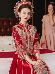 Ethnic Clothing Exquisite Sequins Chinese Style Bride Peacock Embroidery Wedding Dress Marry Beads Tassel Cheongsam