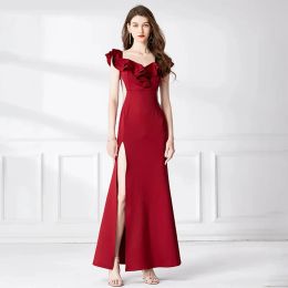 Basic Casual Women Dresses Women Off Shoulder Ruffles Slash Neck Celebrity Banquet Wrap Hip Dress Sexy Split Casual Prom Birthday Evening Party Vestidos 2024