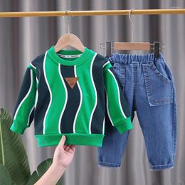 Clothing Sets Kids 2 Piece Set For Girls Boys Outfits Spring Autumn Vertical Striped Long Sleeved Casual Tops Denim Pants 2PCS Childrens