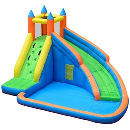 Bakgård Water Slide Uppblåsbar vattenpark Playhouse för barn Backyard Outdoor Play Fun With Climbing Wall Splash Pool Blow Up With Flower and Ball Pit Party Gifts