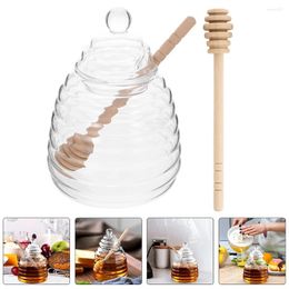 Dinnerware Sets Syrup Glass Honey Jar Dispenser Storage Holder Stripe With Dipper Pot Container