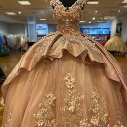 2023 Champagne Gold Quinceanera Dresses With 3D Floral Applique Tiered Beaded Floor Length Tulle Corset Back Sweet 16 Party Prom Ball Evening Vestidos 403 403