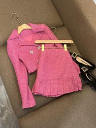 2023 Autumn Pink Solid Color Two Piece Dress Sets Long Sleeve Notched-Lapel Tweed Blazers Top With High Waist Pleated Short Skirt Set Two Piece Suits O3N022209