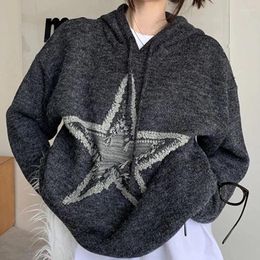 Women's Sweaters Grey Gothic Style Star Jacquard Hooded Pullover Knitted Lazy Casual Vintage High Street Clothing Sweater