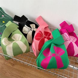 Shopping Bags Knitted Bow Handbag 2023 Women Knotted Knit Tote Bag Foldling Shopper Portable Wrist Reusable Lightweight Woven Pouch