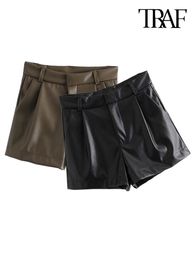 Womens Shorts TRAF Women Chic Fashion Side Pockets Faux Leather Vintage High Waist Zipper Fly Female Short Pants Mujer 230404