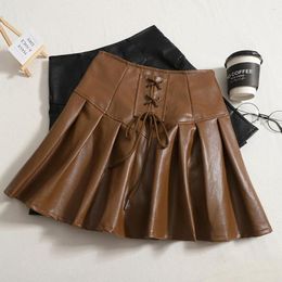 Skirts 2023 Goth Women PU Leather Autumn Winter Fashion Straps High Waist Solid A-line Puffy Pleated Mini Short Skirt