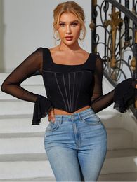 Women's Blouses & Shirts High Quality Mesh Blouse Black Long Sleeve Bodycon Top 2023 Boning Slim Sexy For Women Party Casual WearWomen's