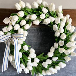 Decorative Flowers Artificial Spring Tulip Wreath With Ivy Leaves Suitable For Front Door Indoor Outdoor Farmhouse Home Decor