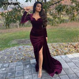 Party Dresses Arabic Mermaid Evening Dress Long Sleeve Side Split Morocco Kaftan Soft Velvet Prom Women Gowns