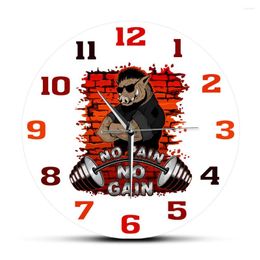 Wall Clocks Weightlifting Barbell No Pain Gain Strong Boar On A Brick Clock Fitness Theme Gym Decor Acrylic Art Hanging Watch