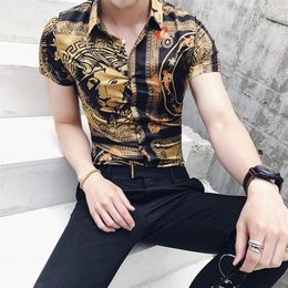 summer personality striped shortsleeved shirt tide male nightclub hair stylist youth wild business casual flower shirt222D