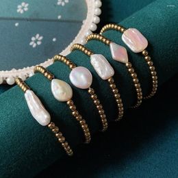 Charm Bracelets Natural Freshwater Pearl Irregular Stick Rectangle Coin Baroque Gold Color Stainless Steel Beaded Bracelet