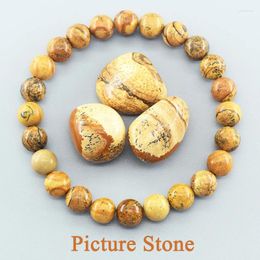 Link Bracelets Natural Stone Beads Bracelet Men Women Vintage Picture Jasper Round Bead Jewellery Energy Healing Bangle For Friendship Gift