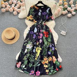 Party Dresses Wedding Guest For Women 2023 Clothes Elegant Vintage Floral Print Dress Round Neck Short Sleeve Summer Midi