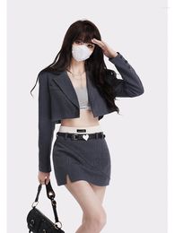 Work Dresses Blazer Skirt Sets Laides Korean Pure Desire Girl Suit Autumn Short Grey Sexy Low Waist Anti Glare Irregular Shirt