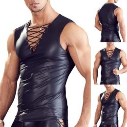 Mens Tank Tops Sexy Faux Leather TShirt Solid Color Nightclub Stage Performance Deep V Vest Costumes 230404