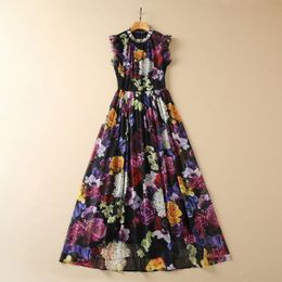 Casual Dresses European and American women's clothes 2023 spring new Beaded stand collar Sleeveless floral print beading Pleated Dress XXL