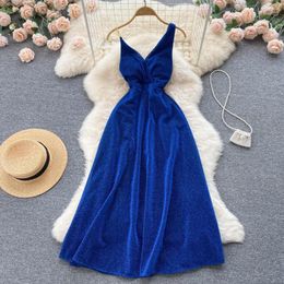 Casual Dresses Summer Bright Silk Evening Temperament V-Neck High Waist Blue Slip Dress Sexy Backless A-Line Long Party Gowns