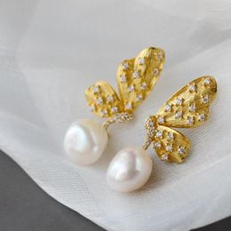 Dangle Earrings Creative Trendy 18K Gold Plated Butterfly Inlaid Natural Baroque Pearl 925 Sterling Silver Earring Female Fine Jewellery Gift