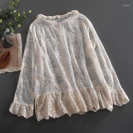 Women's Blouses FairyNatural Women Japanese Lolita Lace Embroidered Shirt Autumn Spring Ladies White Flared Sleeves Blouse Mori Girl