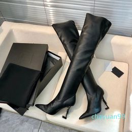 pointed toes Thigh-high boot Letter high heels stretched Leather sole for women luxury designer heeled shoes factory footwear