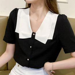 Women's Blouses Summer Women Black Blouse Short Sleeve V-Neck Chiffon Shirt Tops Blusas Mujer De Moda 2023 Femme