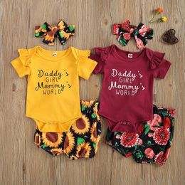 Clothing Sets 0-18M Born Baby Girl Short Sleeve Cotton Bodysuit Tops Sunflower Shorts Button Headband 3PCS Outfits Set