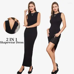 Women's Shapers Built In Shapewear Belly Tightening Buttocks Lifting Dresses O Neck Sleeveless Maxi Bodycon Club Tank Top Midi Dress