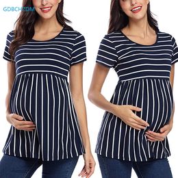 Maternity Dresses Womens Maternity Tops Short Sleeve Striped Tunic Casual Pregnancy T-Shirt Maternity Clothes Comfy Flattering Summer Blouses 230404