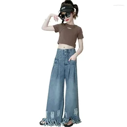 Clothing Sets Girls Cool Set Crop Tops And Tassel Wide Leg Pants 2Pcs Summer Streetwear Casual Outfits For Kids Students Teenage Clothes