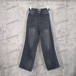 xinxinbuy Men women designer pant Sport Paris Side Ribbon Jeans Denim Spring summer Casual pants blue khaki Grey M-2XL